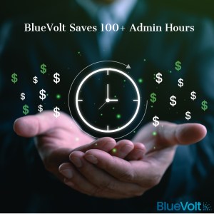 Two hands with a clock signifying that BluveVolt saves over 100 admin hours a year.