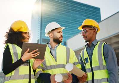 Three construction workers use BlueVolt, one of Construction Executive's Top Construction Technology Products.