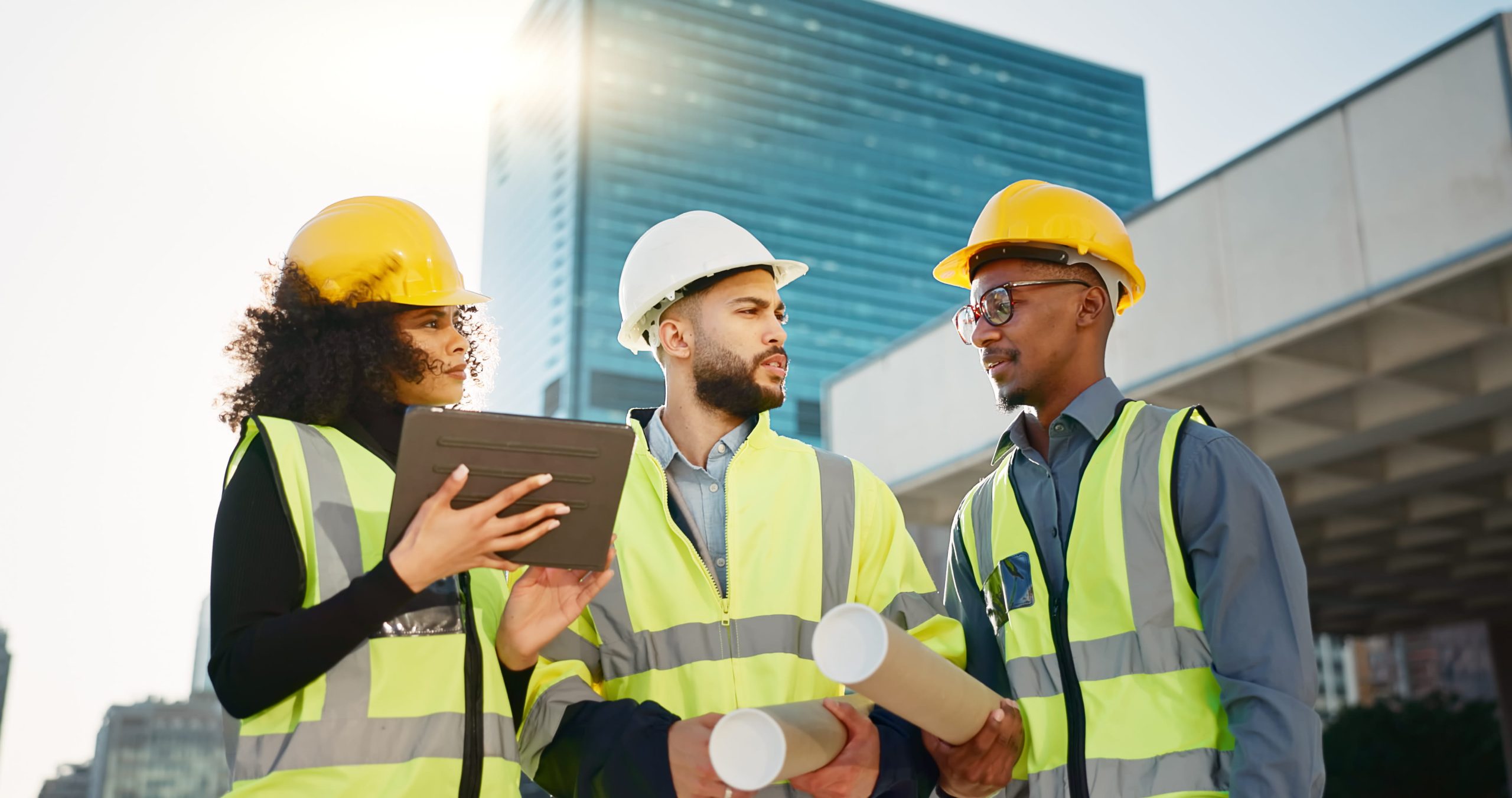 Three construction workers use BlueVolt, one of Construction Executive's Top Construction Technology Products.